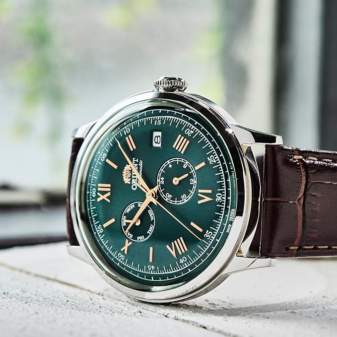 ORIENT BAMBINO AUTOMATIC BROWN LEATHER STRAP GREEN DIAL MEN WATCH RN-AK0703E