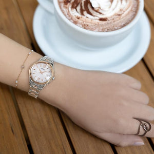 SEIKO SELECTION S SERIES SOLAR RADIO WAVE ROUND FACE SILVER & PINK GOLD WOMEN WATCH SWFH132