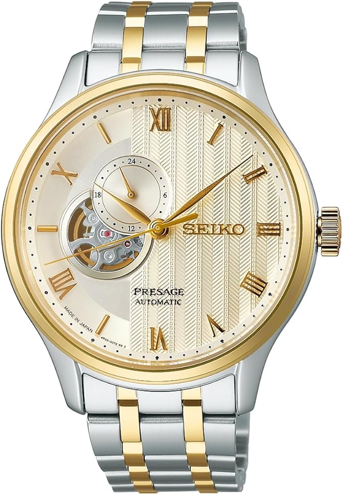 SEIKO PRESAGE AUTOMATIC JAPANESE GARDEN OPEN HEART SILVER & YELLOW GOLD MEN WATCH SARY238