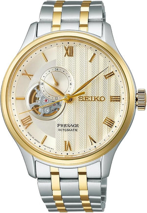 SEIKO PRESAGE AUTOMATIC JAPANESE GARDEN OPEN HEART SILVER & YELLOW GOLD MEN WATCH SARY238