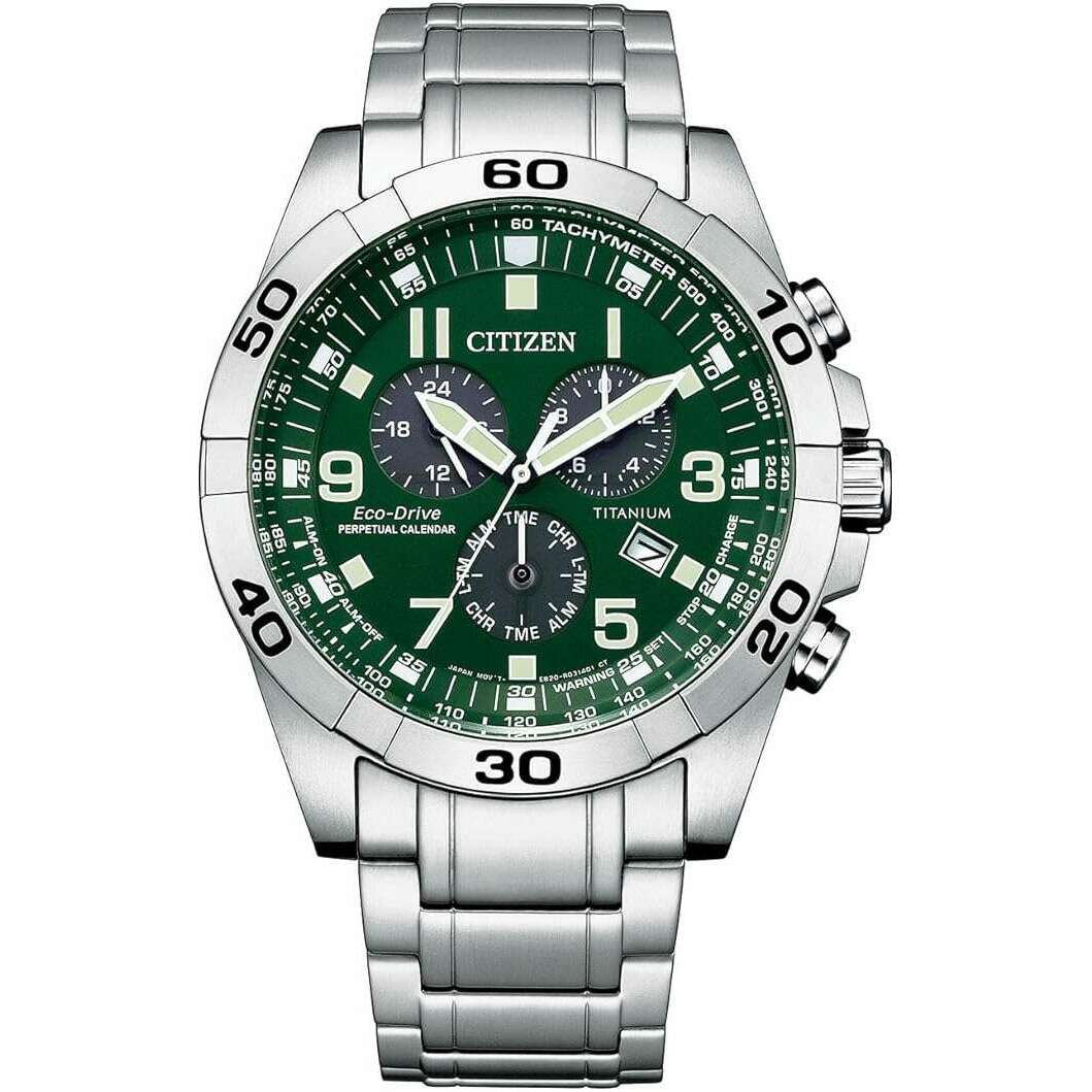 CITIZEN ECO-DRIVE CHRONOGRAPH SILVER TITANIUM STRAP GREEN DIAL MEN 