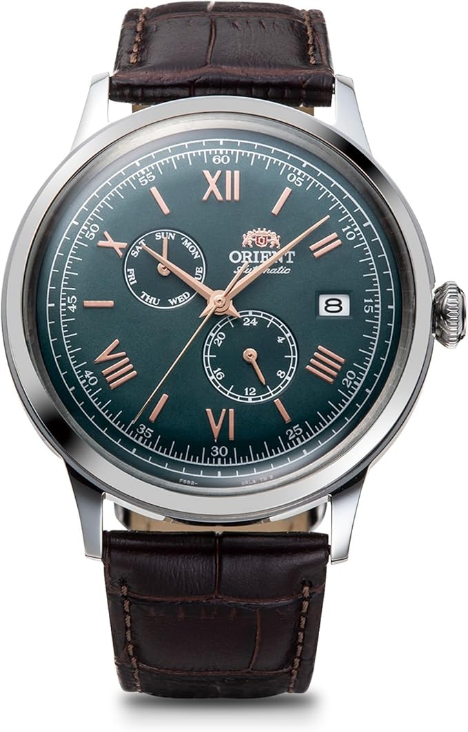 ORIENT BAMBINO AUTOMATIC BROWN LEATHER STRAP GREEN DIAL MEN WATCH RN-AK0703E