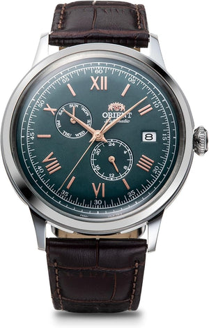 ORIENT BAMBINO AUTOMATIC BROWN LEATHER STRAP GREEN DIAL MEN WATCH RN-AK0703E