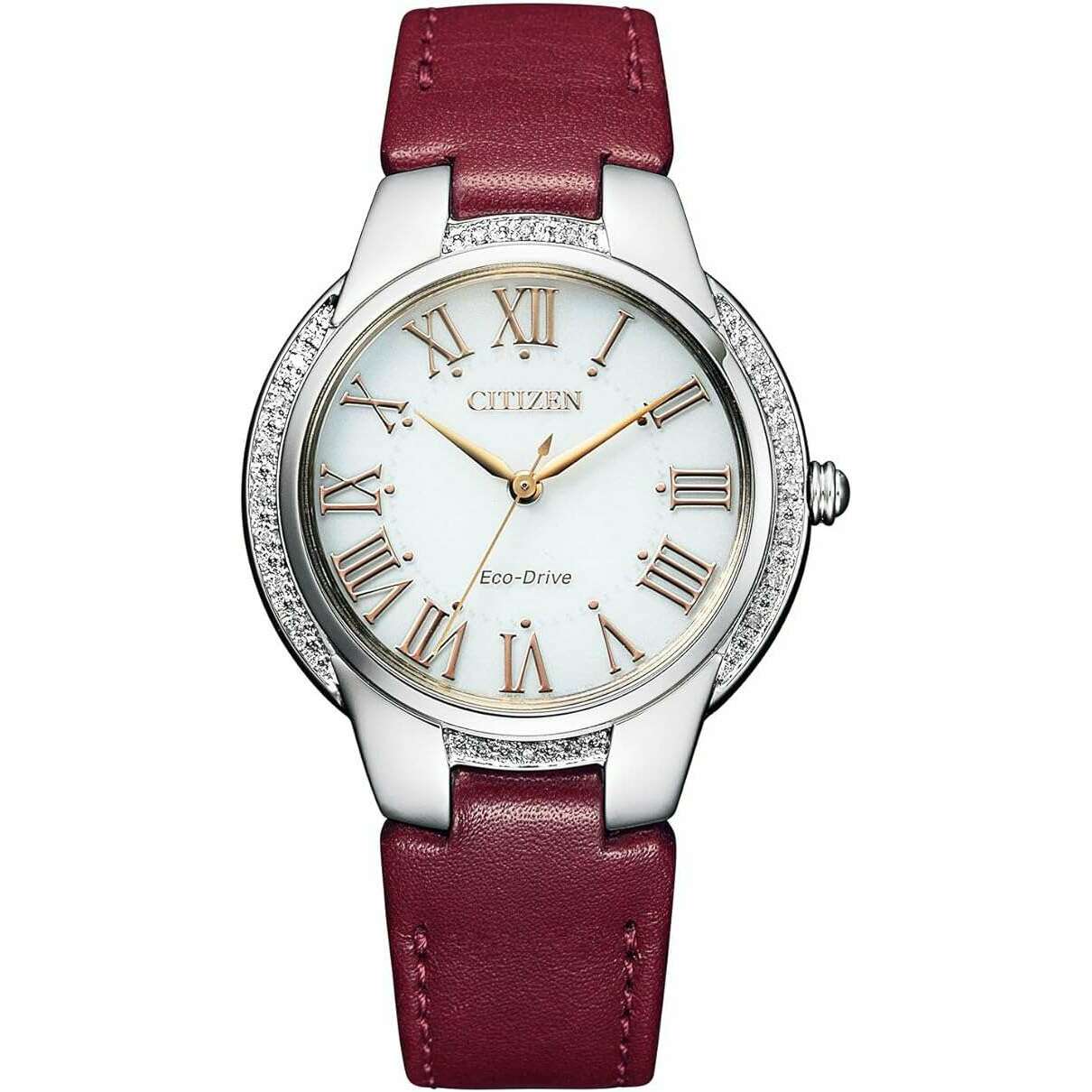 ROOK JAPAN:CITIZEN ECO-DRIVE SOLAR RED LEATHER STRAP DIAMONDS & SILVER LADIES WATCH EM0091-11A,JDM Watch,The Citizen