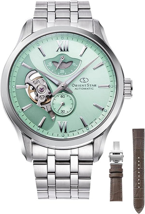 ORIENT STAR LAYERED SKELETON OPEN HEART SILVER & MINT GREEN MEN WATCH (LIMITED 400) RK-AV0B12E