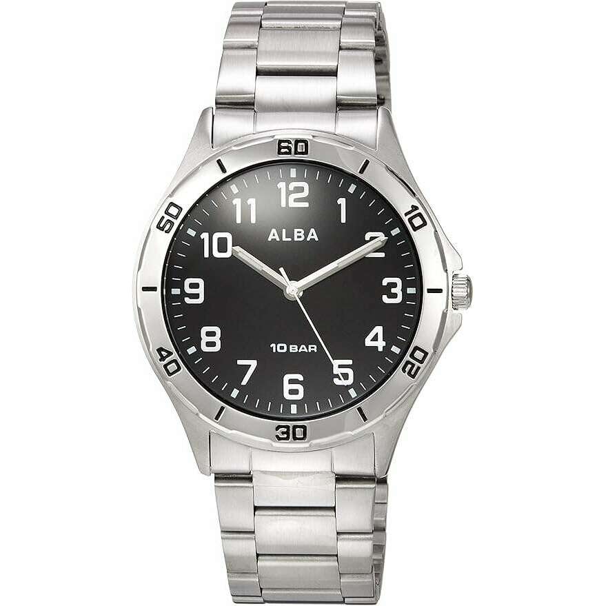 ALBA DOME INORGANIC GLASS SILVER STRAP BLACK DIAL SPORTS MEN  display picture 1