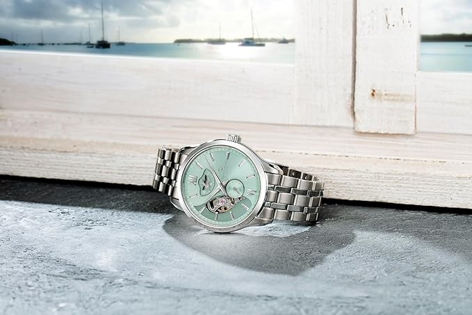 ORIENT STAR LAYERED SKELETON OPEN HEART SILVER & MINT GREEN MEN WATCH (LIMITED 400) RK-AV0B12E