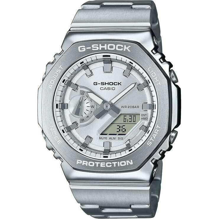 CASIO G-SHOCK シルバー 腕時計 CASIO G-SHOCK DAY-DATE METAL BEZEL & STRAP ANALOG DIGITAL DIAL