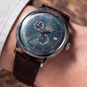 ORIENT BAMBINO AUTOMATIC BROWN LEATHER STRAP GREEN DIAL MEN WATCH RN-AK0703E