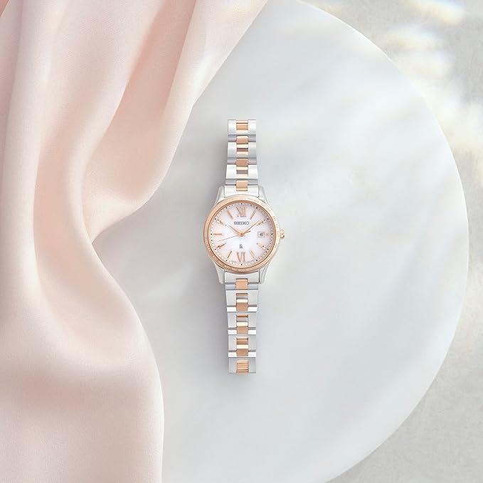 SEIKO LUKIA STANDARD COLLECTION SOLAR RADIO WAVE SILVER & PINK GOLD WOMEN WATCH SSVV082