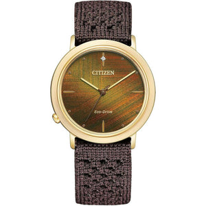 ROOK JAPAN:CITIZEN ECO-DRIVE ANALOG STAINLESS STEEL/KNITTED BROWN STRAP LADIES WATCH EM1003-48X,JDM Watch,The Citizen