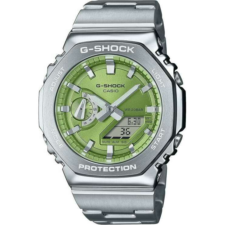 CASIO G-SHOCK DAY-DATE METAL BEZEL SILVER STRAP LIME GREEN DIAL