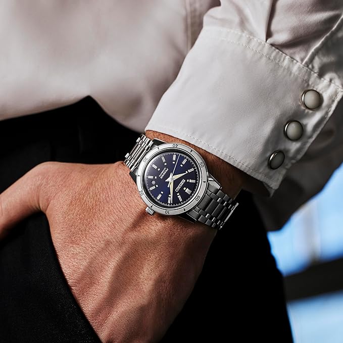 SEIKO PRESAGE STYLE 60'S SERIES ELEGANT YET RUGGED SILVER & NAVY BLUE MEN WATCH SARY247