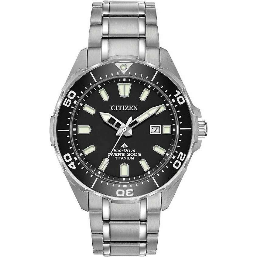 ROOK JAPAN:CITIZEN ECO DRIVE DIVER'S 200M SILVER STRAP BLACK DIAL MEN WATCH BN0200-56E,JDM Watch,Citizen Promaster