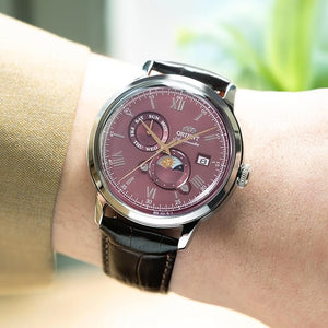 ORIENT BAMBINO SUN&MOON AUTOMATIC LEATHER STRAP BORDEAUX RED DIAL MEN WATCH RN-AK0807R