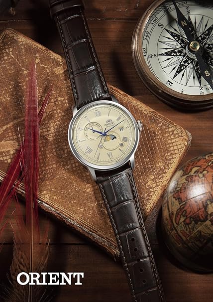 ORIENT BAMBINO SUN&MOON AUTOMATIC LEATHER STRAP IVORY DIAL MEN WATCH RN-AK0803Y