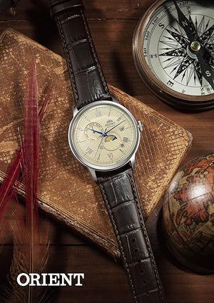 ORIENT BAMBINO SUN&MOON AUTOMATIC LEATHER STRAP IVORY DIAL MEN WATCH RN-AK0803Y