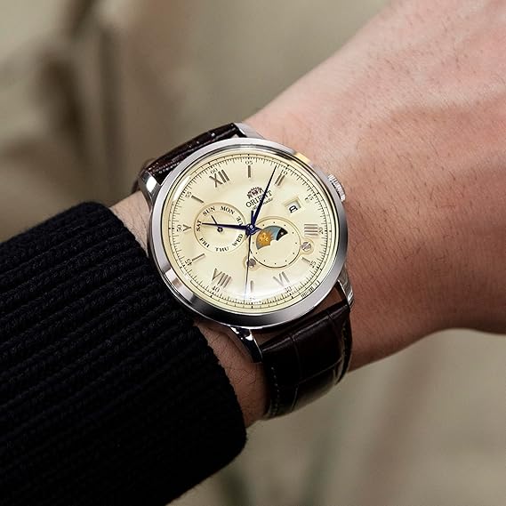 ORIENT BAMBINO SUN&MOON AUTOMATIC LEATHER STRAP IVORY DIAL MEN WATCH RN-AK0803Y