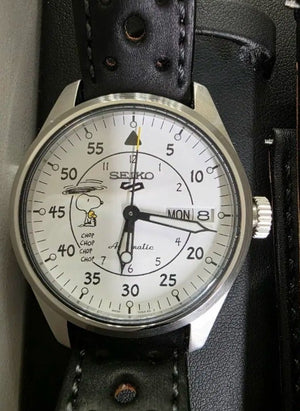 Seiko 5 Sports Peanuts White Dial Leather Band Snoopy Men Watch (6500 LIMITED) SRPK27K1
