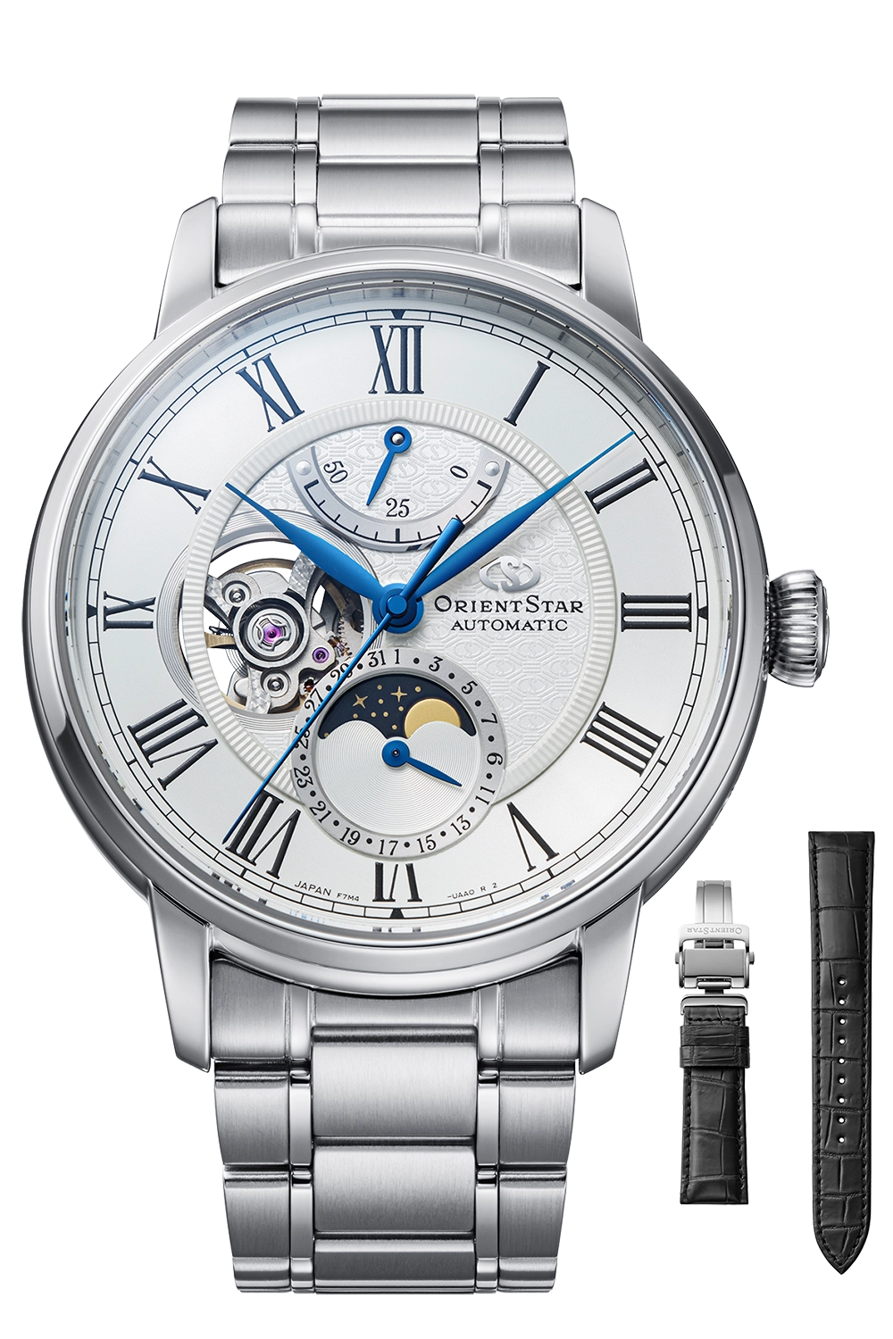 ORIENT STAR MOON PHASE AUTOMATIC INTERCHANGEABLE STRAP M45 F7 MEN WATCH RK-BT0001S