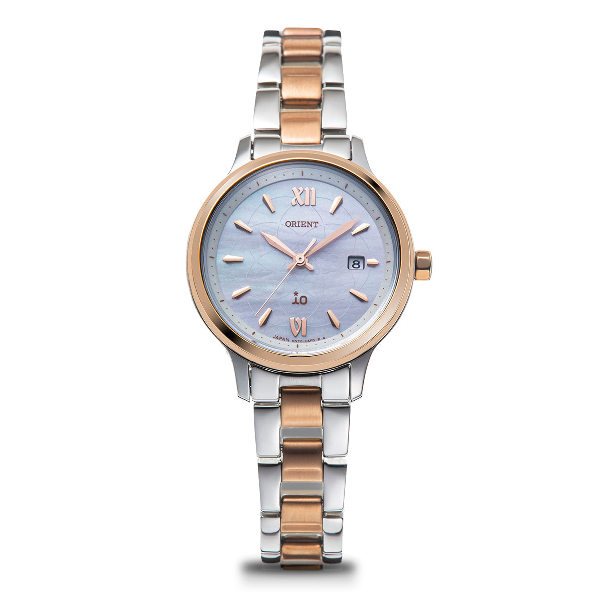 ORIENT IO SOLAR SILVER & GOLD WHITE PEARL WOMEN WATCH RN-WG0415A