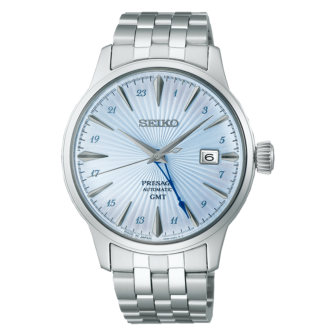 SEIKO PRESAGE COCKTAIL TIME AUTOMATIC GMT SILVER & LIGHT BLUE MEN WATCH SARY241