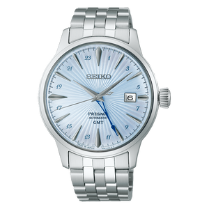 SEIKO PRESAGE COCKTAIL TIME AUTOMATIC GMT SILVER & LIGHT BLUE MEN WATCH SARY241