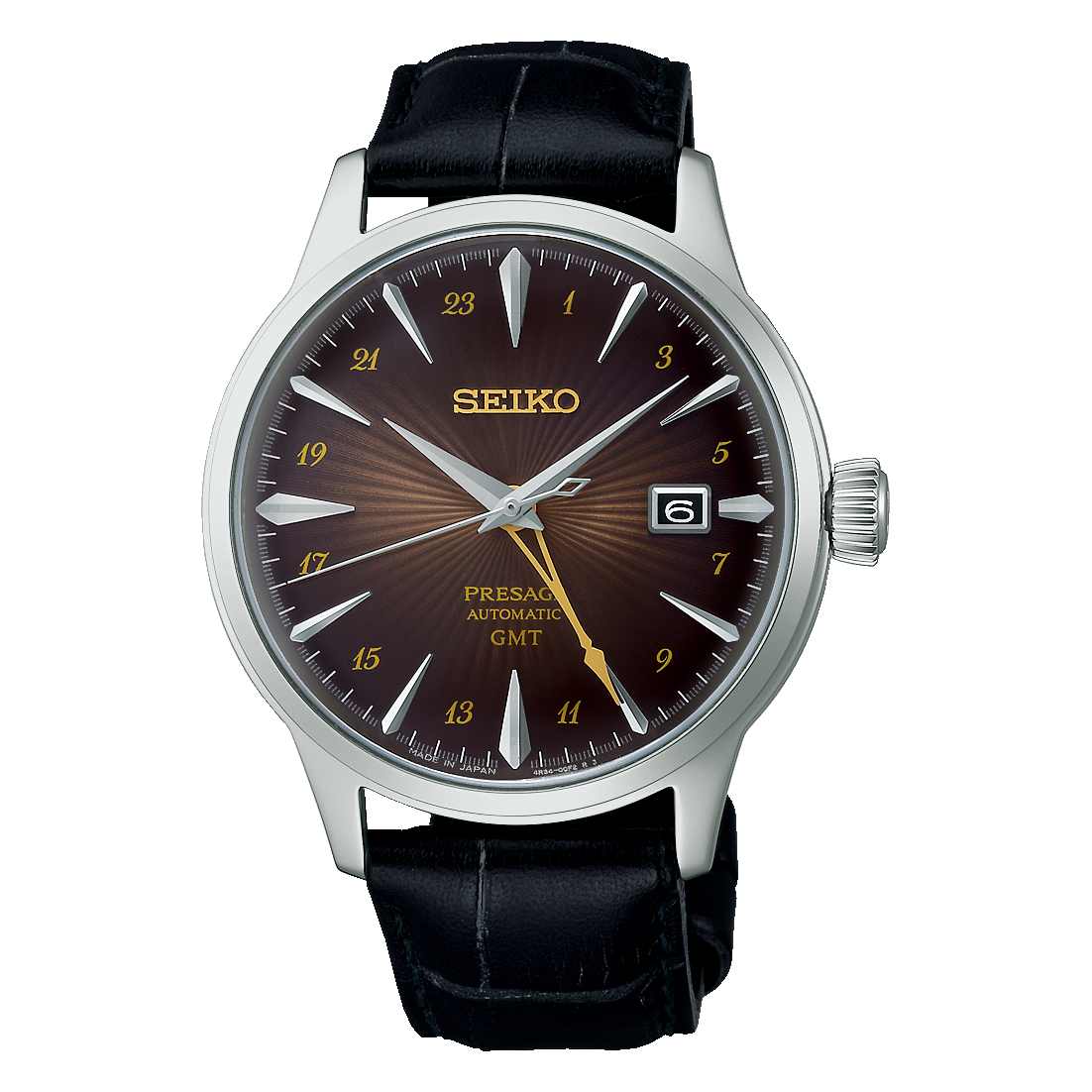 SEIKO PRESAGE COCKTAIL TIME AUTOMATIC GMT CALF LEATHER STRAP DARK BROWN DIAL MEN WATCH SARY243
