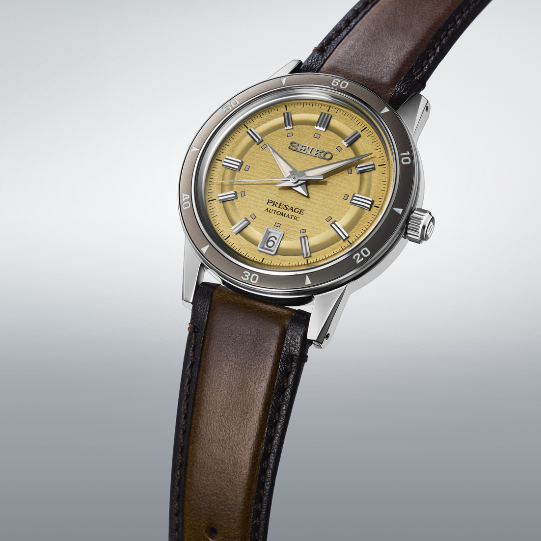 SEIKO PRESAGE STYLE 60'S SERIES AUTOMATIC BROWN LEATHER STRAP YELLOW DIAL MEN WATCH SARY269