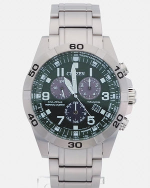 CITIZEN ECO-DRIVE CHRONOGRAPH SILVER TITANIUM STRAP GREEN DIAL MEN WATCH BL5550-50X