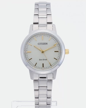 CITIZEN ECO-DRIVE ANALOG SILVER STRAP GOLDEN HANDS LADIES WATCH EM0930-58P