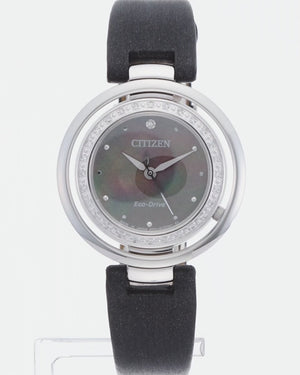 CITIZEN ECO-DRIVE ANALOG BLACK STRAP PEARL COLORED DIAL LADIES WATCH EM0900-08W