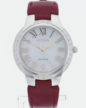 CITIZEN ECO-DRIVE SOLAR RED LEATHER STRAP DIAMONDS & SILVER LADIES WATCH EM0091-11A