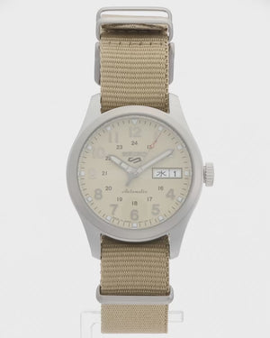 SEIKO 5 SPORTS FIELD MID SIZE "SPORTS/SUITS STYLE" SILVER & BEIGE MEN WATCH SBSA199