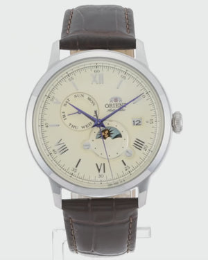 ORIENT BAMBINO SUN&MOON AUTOMATIC LEATHER STRAP IVORY DIAL MEN WATCH RN-AK0803Y