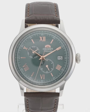 ORIENT BAMBINO AUTOMATIC BROWN LEATHER STRAP GREEN DIAL MEN WATCH RN-AK0703E