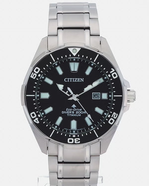 CITIZEN ECO DRIVE DIVER'S 200M SILVER STRAP BLACK DIAL MEN WATCH BN0200-56E