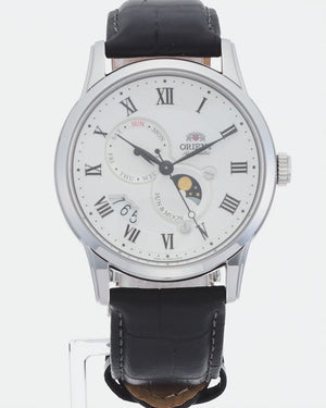 ORIENT SUN&MOON AUTOMATIC CLASSIC LEATHER STRAP SILVER & WHITE MEN WATCH RN-AK0005S