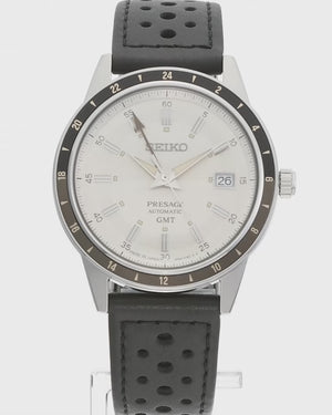 SEIKO PRESAGE STYLE 60'S SERIES GMT MODEL BLACK LEATHER STRAP IVORY DIAL MEN WATCH SARY231