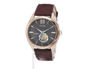 CITIZEN MECHANICAL ANALOG OPEN HEART BROWN STRAP GREY DIAL MEN WATCH NB4003-01H
