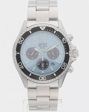 ORIENT MAKO SOLAR CHRONOGRAPH SILVER & SKY BLUE MEN WATCH RN-TX0206L