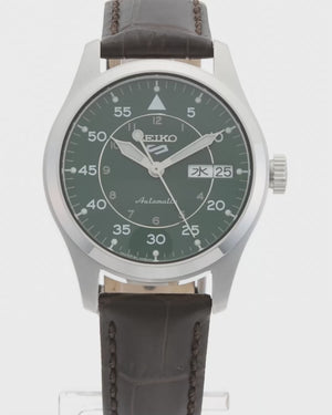 SEIKO 5 SPORTS FIELD MID SIZE "SPORTS/SUITS STYLE" SILVER & GREEN MEN WATCH SBSA203