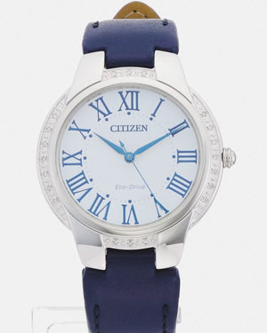 CITIZEN ECO-DRIVE SOLAR ANALOG BLUE LEATHER STRAP DIAMONDS LADIES WATCH EM0091-11B