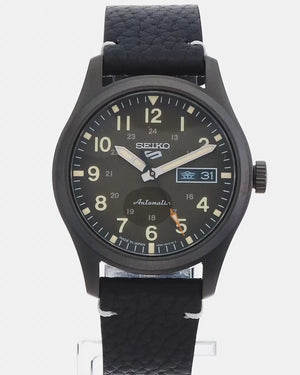 SEIKO 5 SPORTS FIELD "SPECIALIST STYLE" ALL BLACK LEATHER STRAP MEN WATCH SBSA121