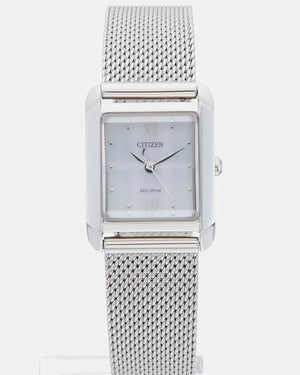 CITIZEN ECO-DRIVE SILVER & BLUE STRAP SQUARE MODEL LADIES WATCH EW5590-62A