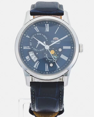 ORIENT SUN&MOON AUTOMATIC CLASSIC NAVY LEATHER STRAP SILVER MEN WATCH RN-AK0004L