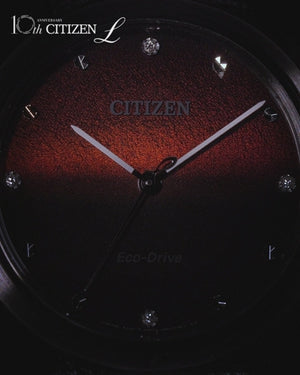 CITIZEN ECO-DRIVE STAINLESS STEEL/KNITTED BLACK STRAP RED DIAL LADIES WATCH EM1007-47E