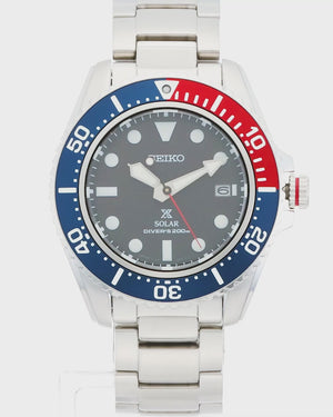SEIKO PROSPEX DIVER SCUBA SOLAR SILVER BLUE & RED MEN WATCH SBDJ053