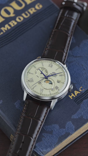 ORIENT BAMBINO SUN&MOON AUTOMATIC LEATHER STRAP IVORY DIAL MEN WATCH RN-AK0803Y