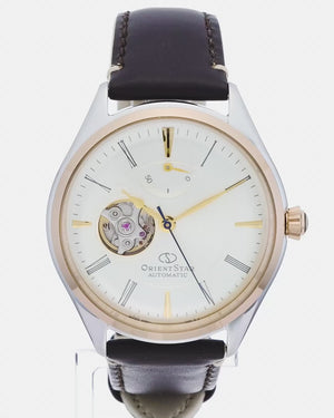 ORIENT STAR CLASSIC SEMI-SKELETON OPEN HEART SILVER & IVORY MEN WATCH RK-AT0201G